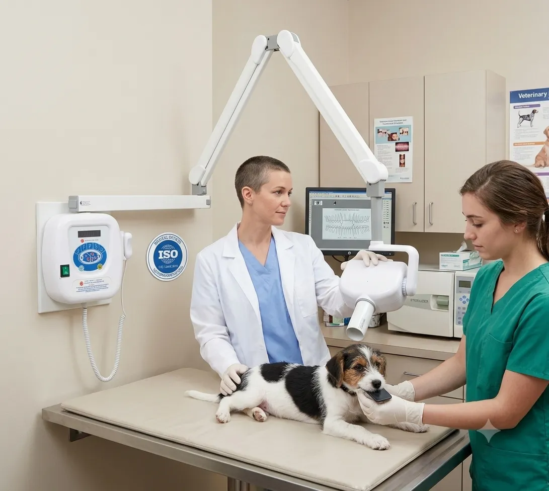 Personal veterinario demuestra cómo posicionar correctamente a un animal para una radiografía utilizando técnicas seguras durante el procedimiento diagnóstico.